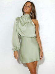 Luxe asymmetrische satijnlook jurk met schouderband voor vrouwen